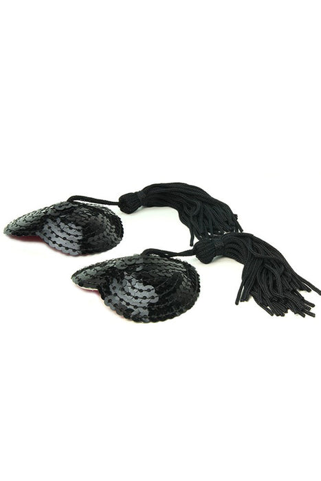 Sequined Heart Pasties With Tassels in Black