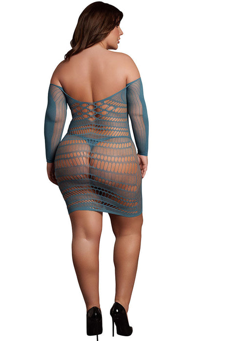 Le Désir Long Sleeve Blue Net Mini Dress XL