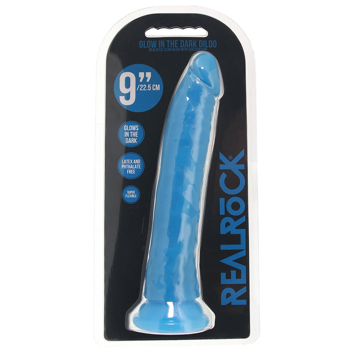 RealRock Glow In The Dark 9 Inch Slim Dildo in Blue