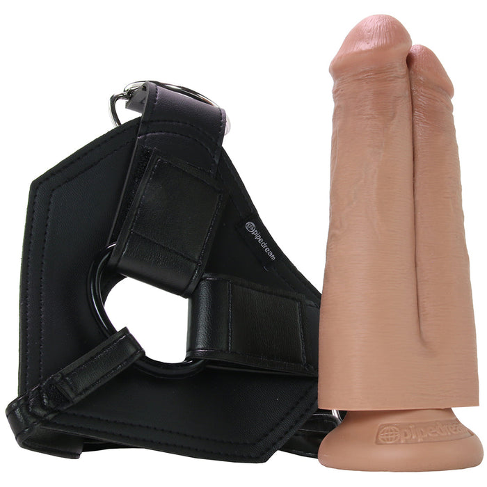 King Cock Harness with 7" Two Cocks One Hole in Caramel