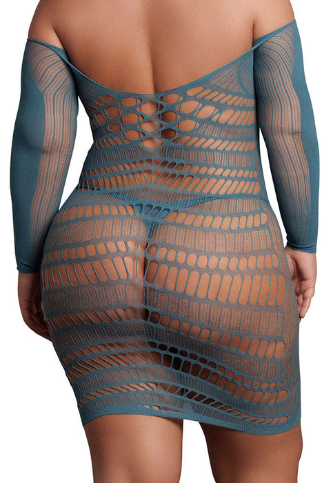 Le Désir Long Sleeve Blue Net Mini Dress XL