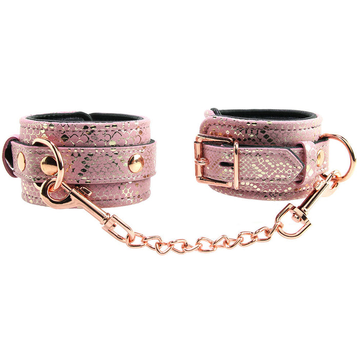 Locking Leather Wrist Restraint Cuffs in Pink Snake Print