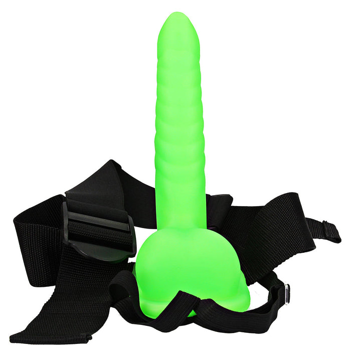 Ouch! Ribbed 8 Inch Hollow Ballsy Strap-On in Glowing Green