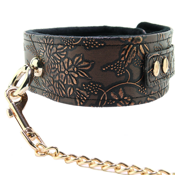 Lockable Lined Collar and Leash in Metallic Floral