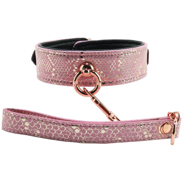 Lockable Leather Collar and Leash in Pink Snake Print