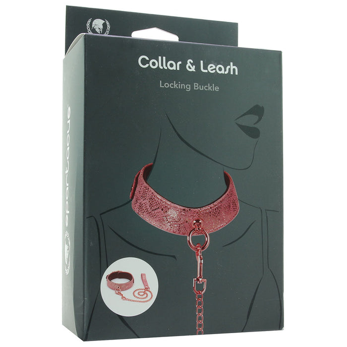 Lockable Leather Collar and Leash in Pink Snake Print