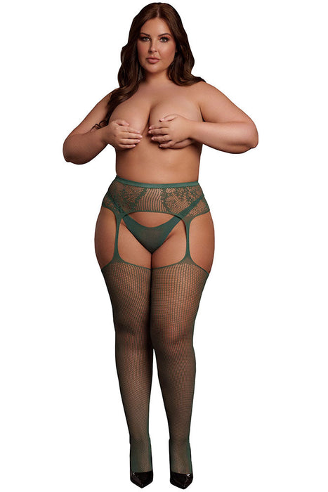 Le Désir Green Fishnet & Lace Garter Belt Combo XL