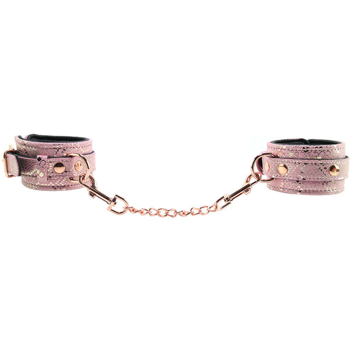 Locking Leather Wrist Restraint Cuffs in Pink Snake Print