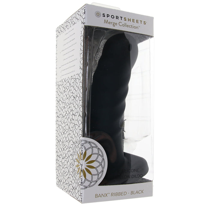 Banx Ribbed 8 Inch Hollow Silicone Dildo in Black