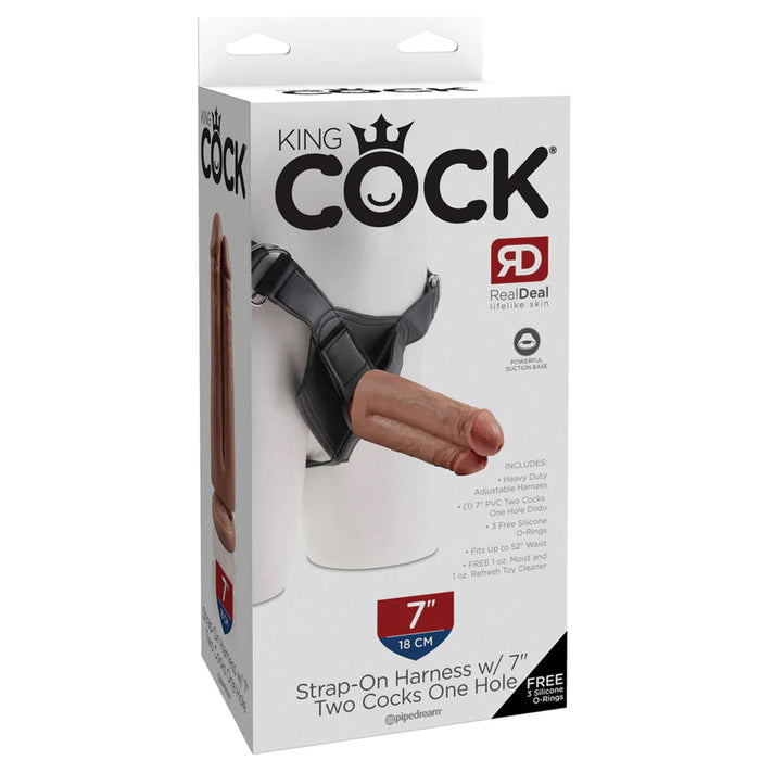 King Cock Harness with 7" Two Cocks One Hole in Caramel