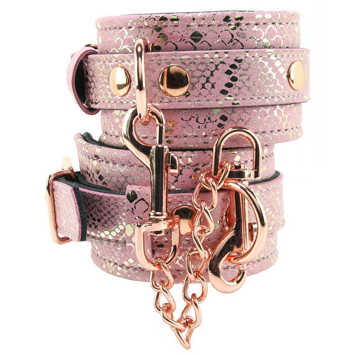 Locking Leather Wrist Restraint Cuffs in Pink Snake Print