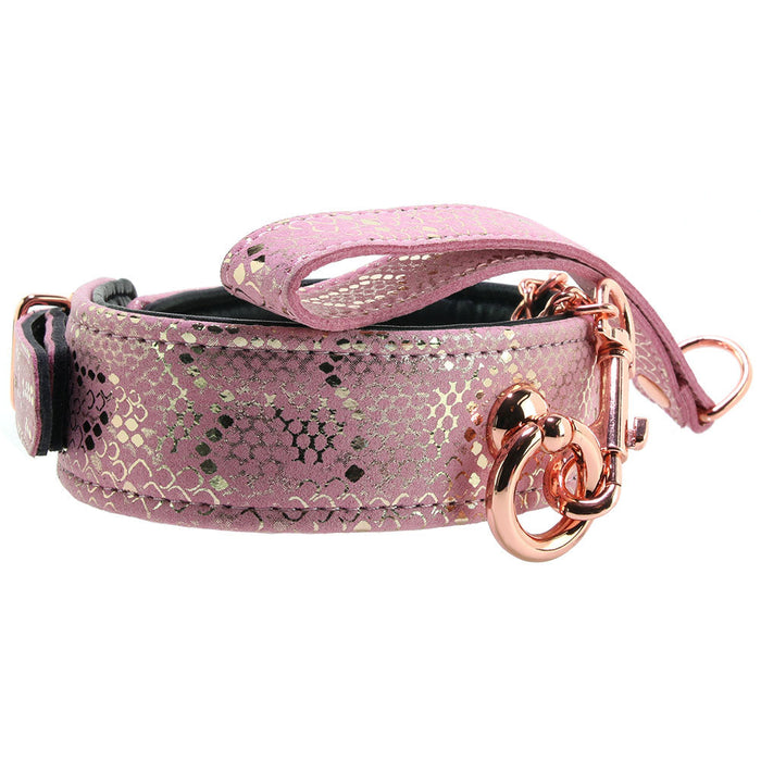 Lockable Leather Collar and Leash in Pink Snake Print