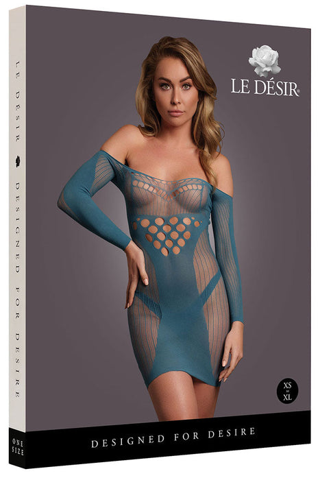 Le Désir Long Sleeve Blue Net Mini Dress