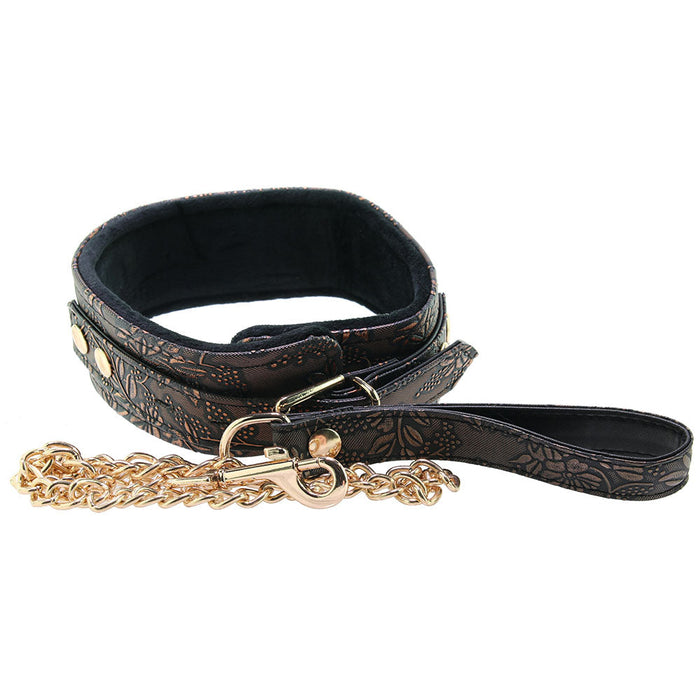 Lockable Lined Collar and Leash in Metallic Floral