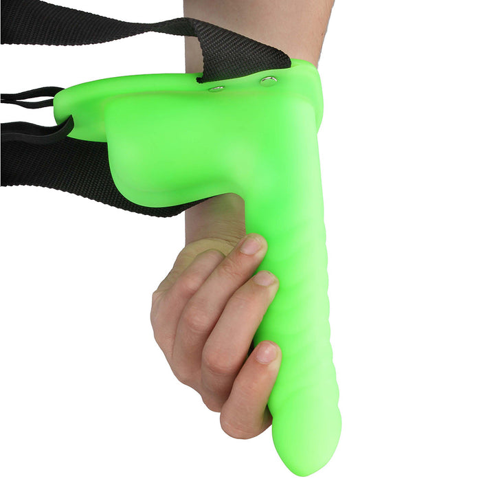 Ouch! Ribbed 8 Inch Hollow Ballsy Strap-On in Glowing Green