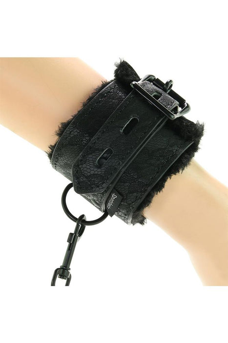 Sincerely Fur Lined Lace Handcuffs in Black