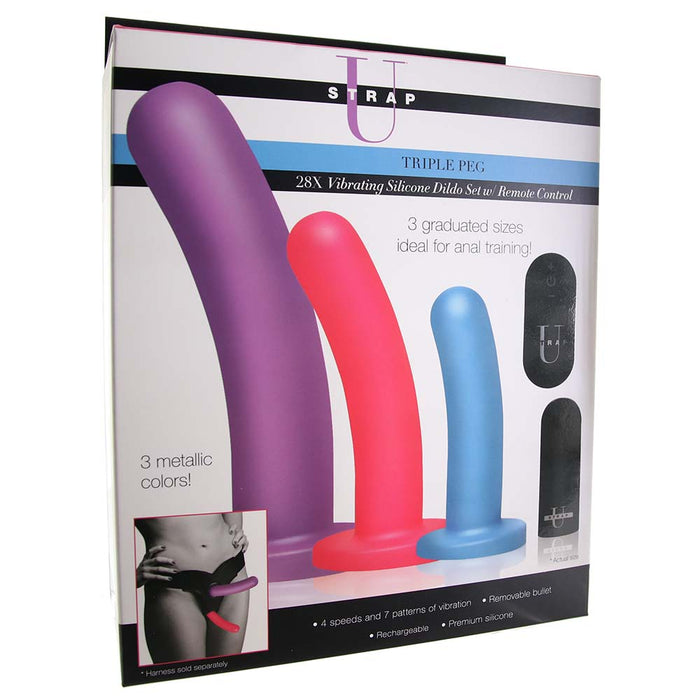 Strap U Triple Peg Vibrating Silicone Dildo Set