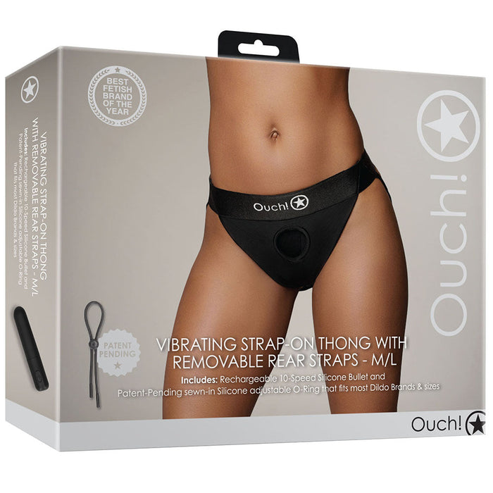 Ouch! Black Vibrating Strap-On Strappy Thong /L