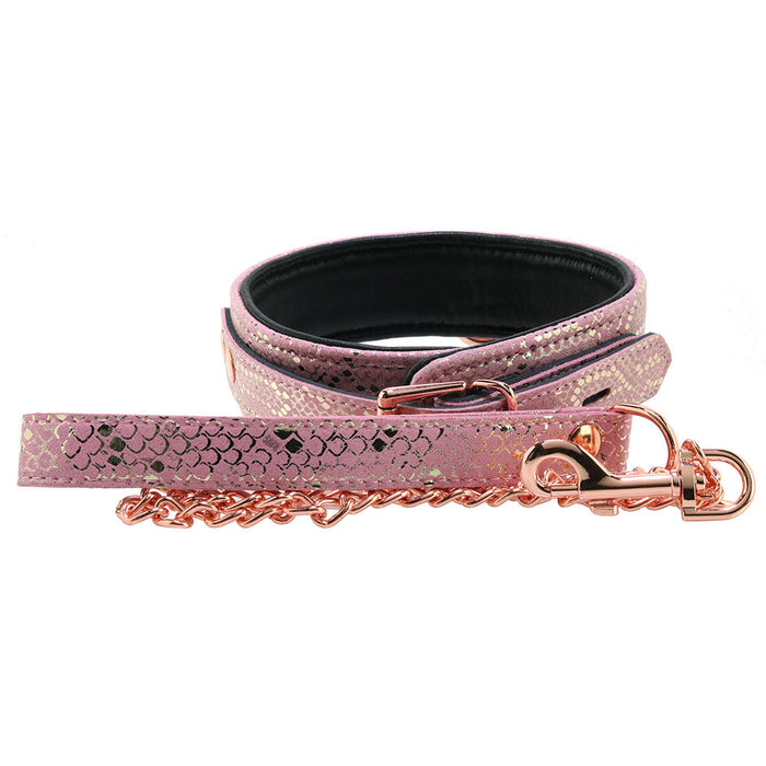 Lockable Leather Collar and Leash in Pink Snake Print