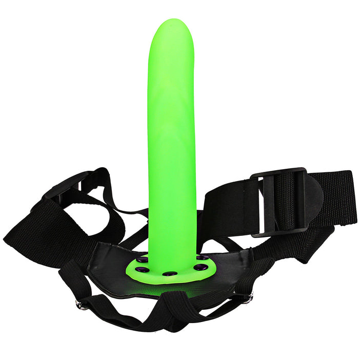 Textured Curved 8 Inch Hollow Strap-On in Glowing Green