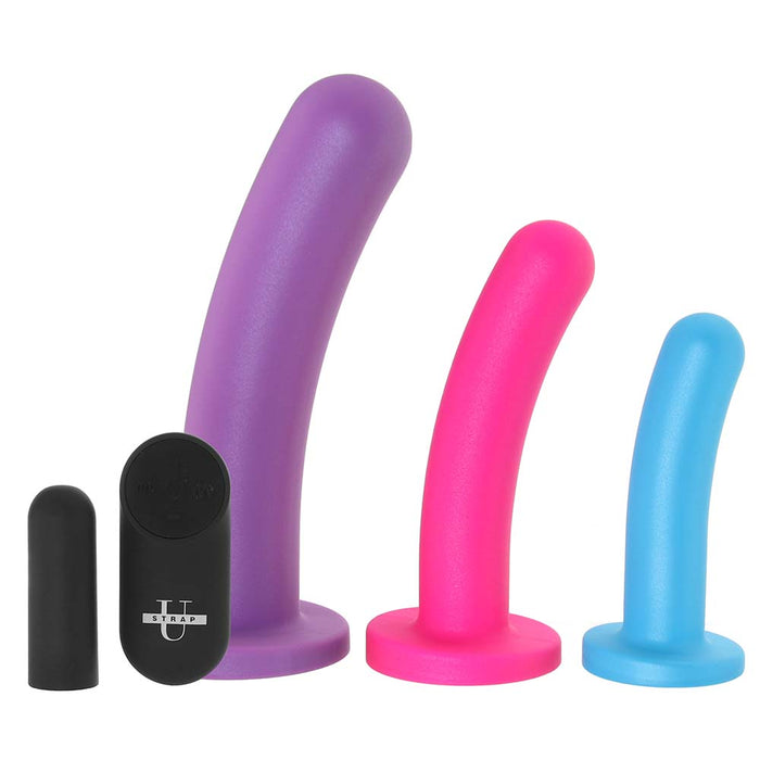 Strap U Triple Peg Vibrating Silicone Dildo Set